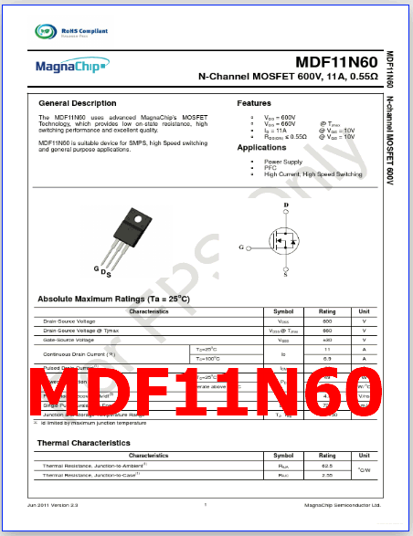 MDF11N60 Datasheet - N-Ch, 600V, 11A, MOSFET (Transistor)