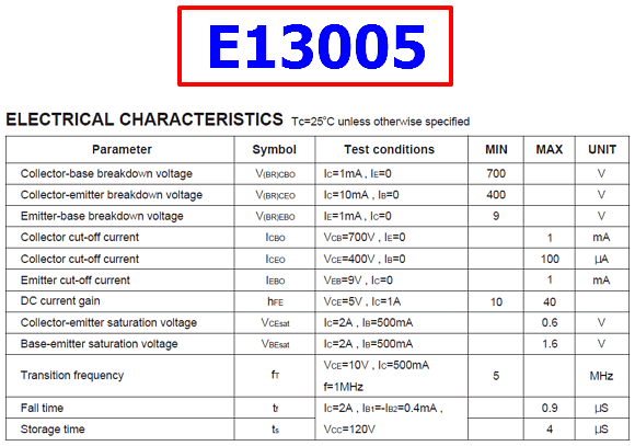 E13005 datasheet pinout