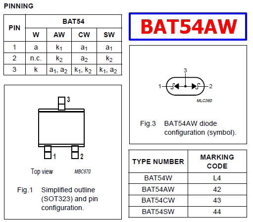 BAT54AW datasheet pinout