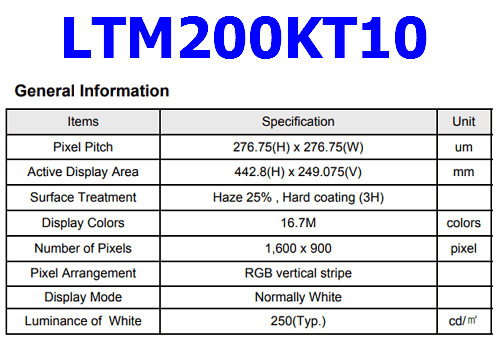 LTM200KT10 datasheet pinout