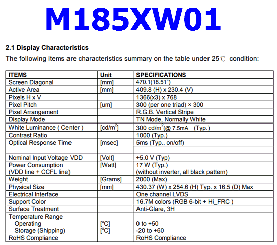 M185XW01 datasheet pinout