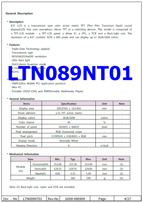 LTN089NT01 pdf lcd