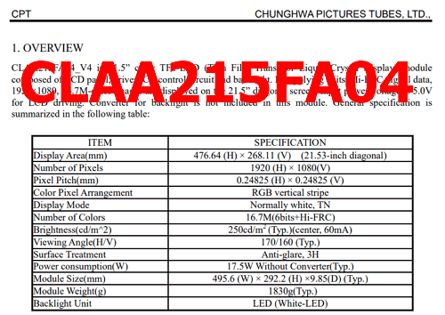 CLAA215FA04 pdf lcd