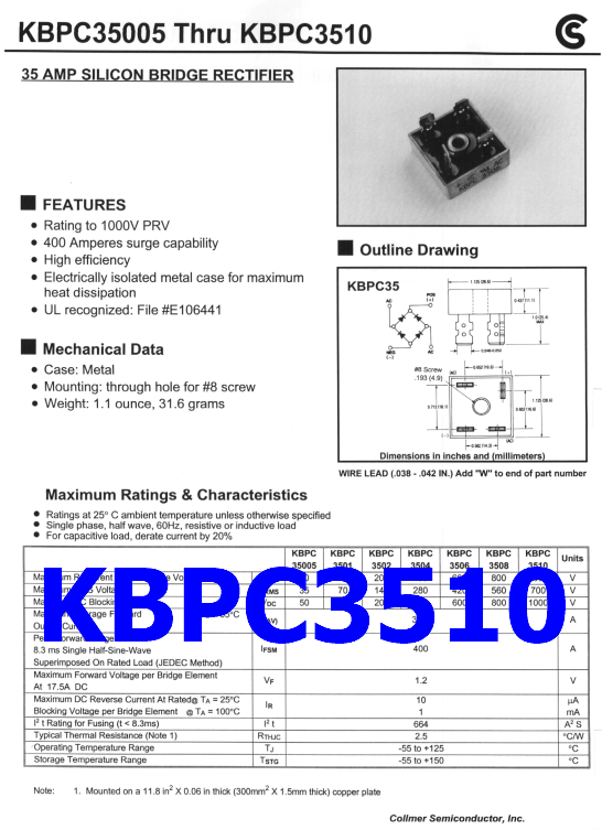 KBPC3510 Diode 35A, 1000V, Bridge Rectifier