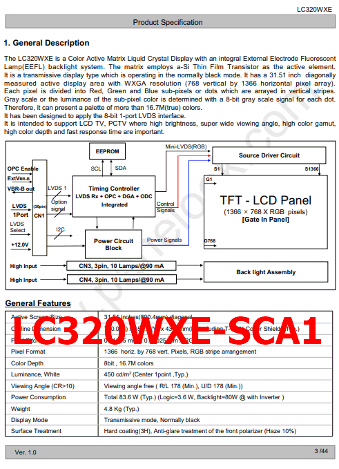 LC320WXE-SCA1 PDF Datasheet - 32 Inch, TFT LCD Module