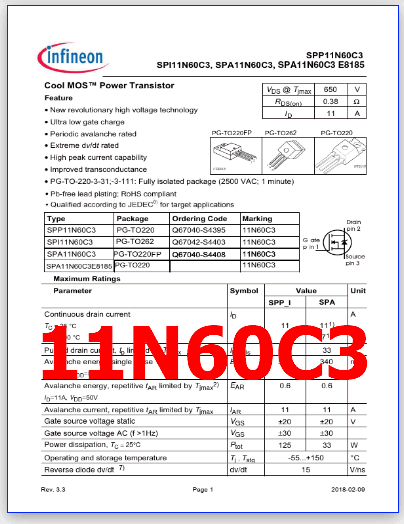 11N60C3 pinout datasheet