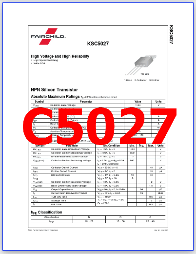 C5027 PDF Datasheet - 800V, 3A, NPN Transistor, KSC5027