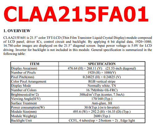 CLAA215FA01 datasheet display
