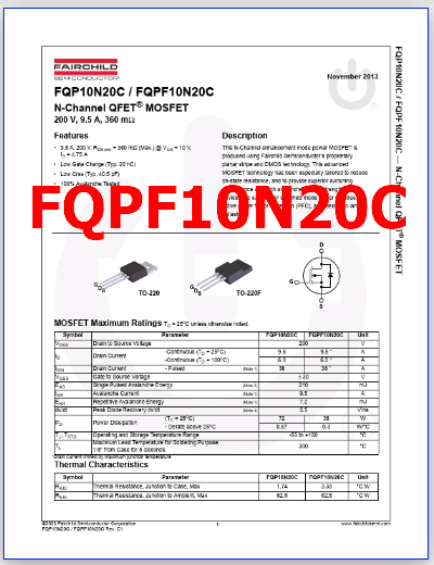 FQPF10N20C pdf pinout
