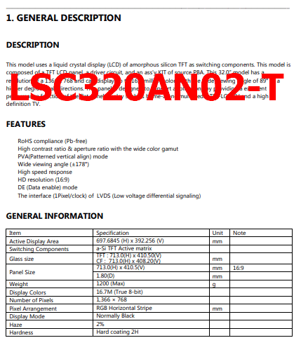 LSC320AN02-T PDF - 32 Inch, TFT LCD, Samsung