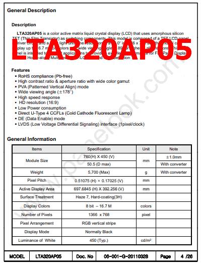 LTA320AP05 pdf datasheet