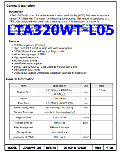 LTA320WT-L05 datasheet samsung