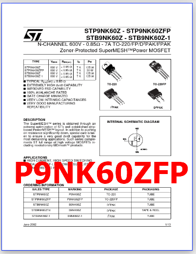 P9NK60ZFP datasheet pinout