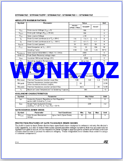 W9NK70Z datasheet mosfet
