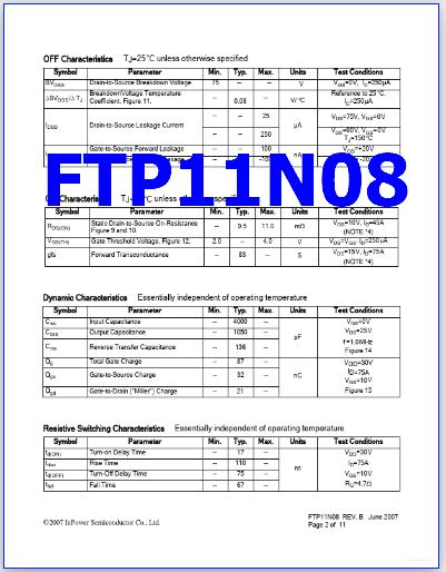 FTP11N08 datasheet pinout