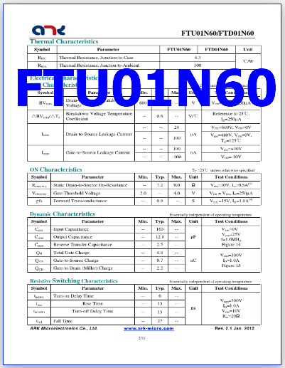 FTU01N60 datasheet mosfet