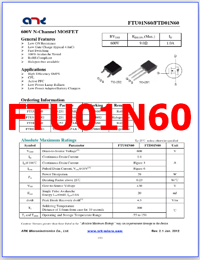 FTU01N60 pdf pinout
