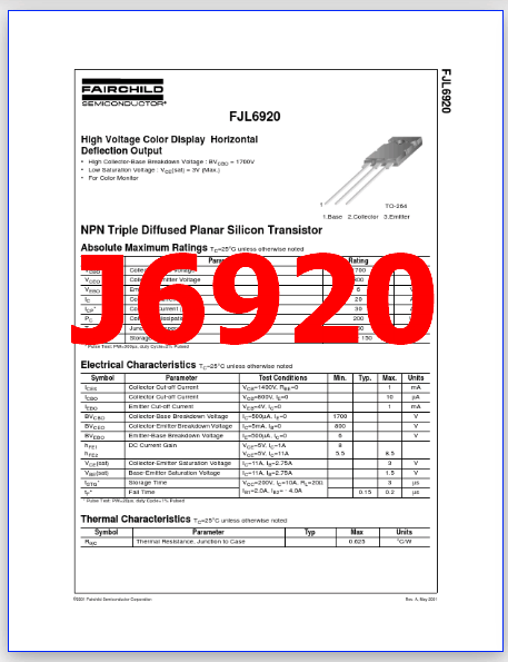 J6920 Datasheet PDF - 800V, 20A, NPN Transistor, FJL6920