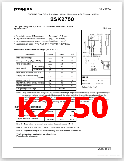 K2750 PDF Datasheet - 600V, 3.5A, MOSFET - 2SK2750