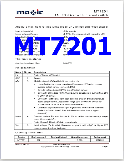MT7201 PDF - 1A, LED Driver with Internal Switch
