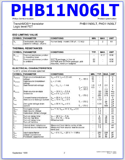 PHB11N06LT datasheet pinout