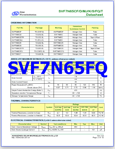 SVF7N65FQ datasheet mosfet