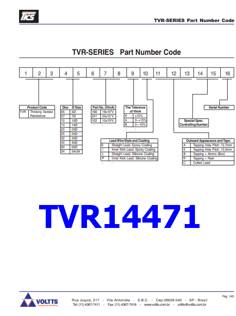 TVR14471 PDF - 14mm, 470V, Zinc Oxide Varistor