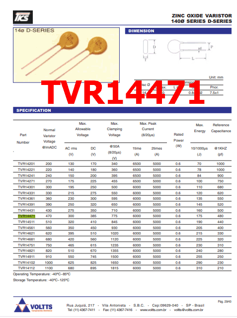 TVR14471 PDF - 14mm, 470V, Zinc Oxide Varistor