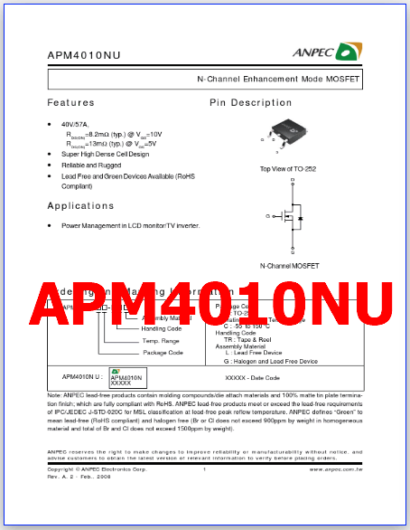 APM4010NU PDF Datasheet - 40V, 57A, N-Ch, MOSFET