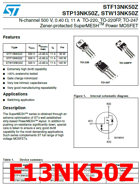 F13NK50Z pdf pinout