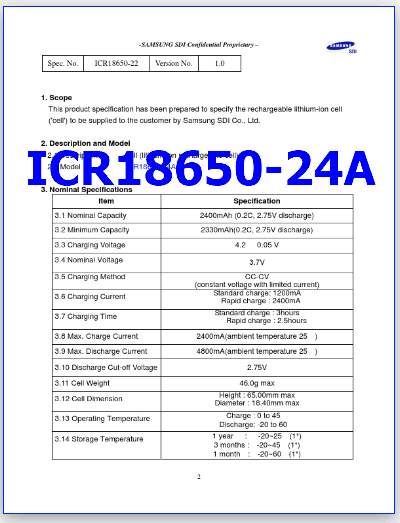 ICR18650-24A Rechargeable Cell