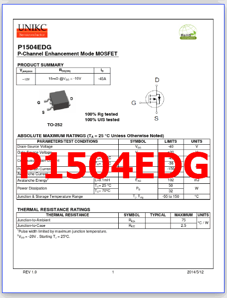 P1504EDG PDF - 40V, 45A, P-Channel, MOSFET