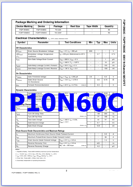 transistor P10N60C datasheet